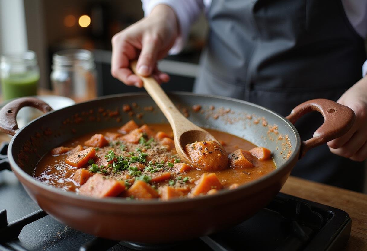 Stirring herbs and spices into the pot for a flavorful Hawaiian beef stew, highlighting the cooking process and inviting atmosphere.