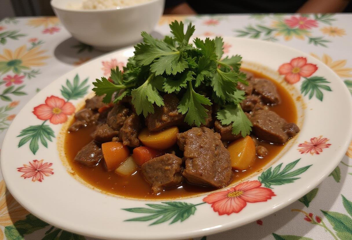 Serving a delicious Hawaiian beef stew with rice, garnished with cilantro, capturing the essence of traditional Hawaiian flavors.