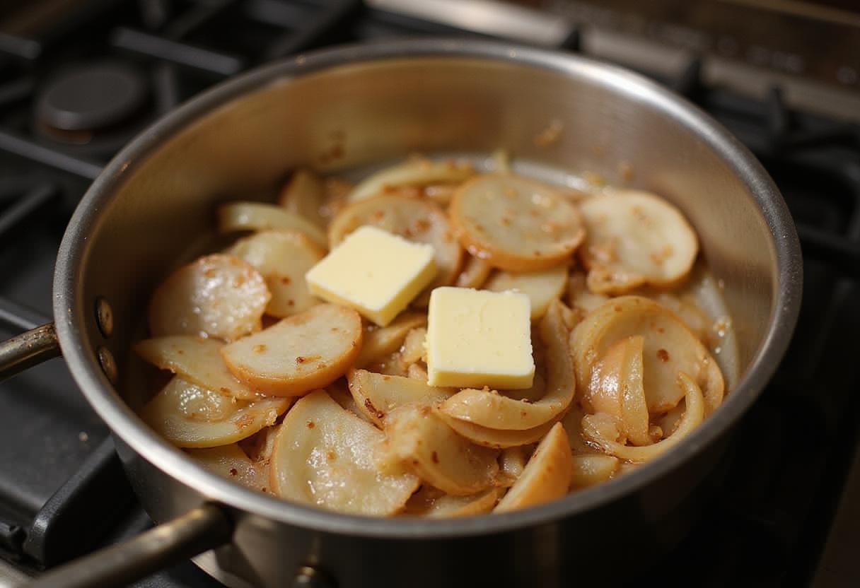 Caramelizing onions for frozen onion soup, savory French onion flavor, best Costco onion soup preparation in a cozy kitchen.