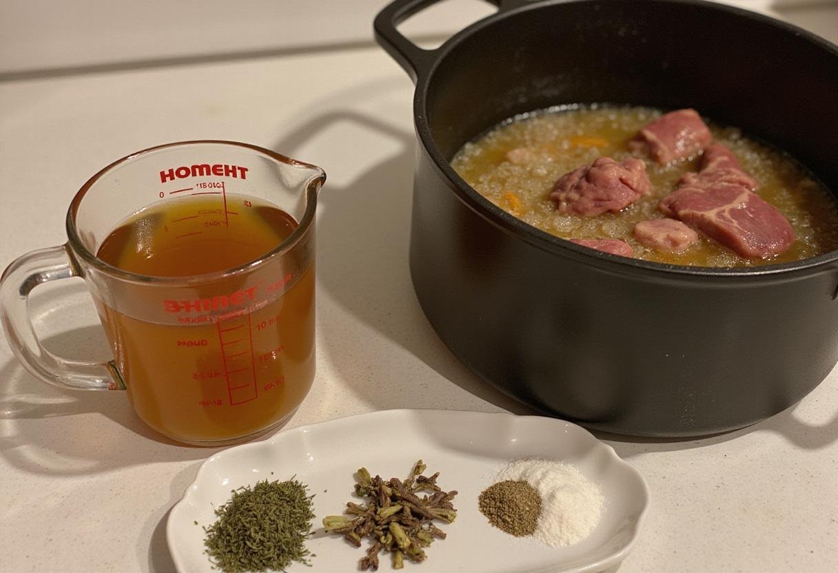 Preparing beef broth for hearty frozen onion soup, ingredients for delicious French onion soup focus, Costco French onion soup recipe preparation.