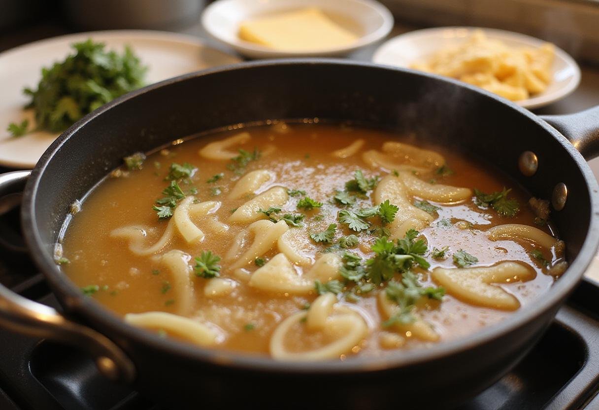 Creating a flavorful broth for frozen French onion soup, savory ingredients in a simmering pot, ideal for a Costco onion soup experience.
