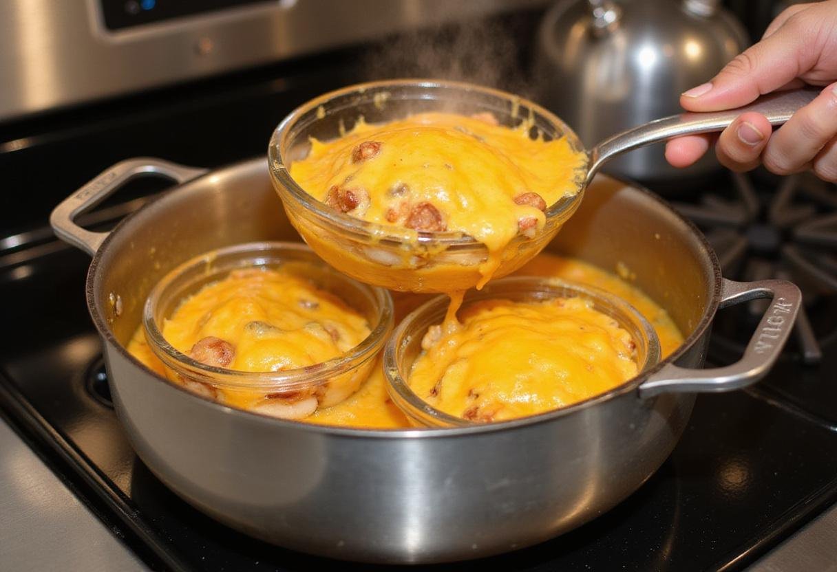 Preparing oven-safe bowls for cheesy French onion soup, a heartwarming presentation of frozen onion soup ready for the finishing touches.