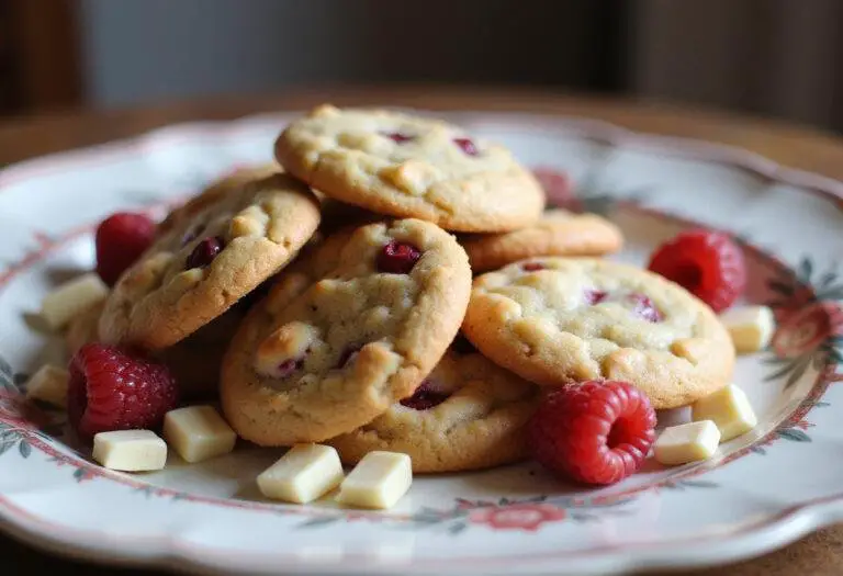 Delicious white chocolate raspberry cookies displayed elegantly on a plate with berries and chocolate in a bright kitchen.