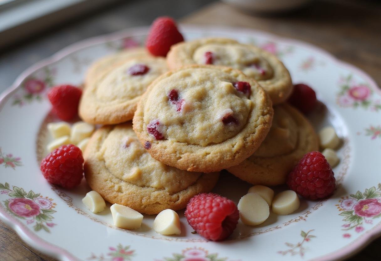Delicious white chocolate raspberry cookies displayed elegantly on a plate with berries and chocolate in a bright kitchen.