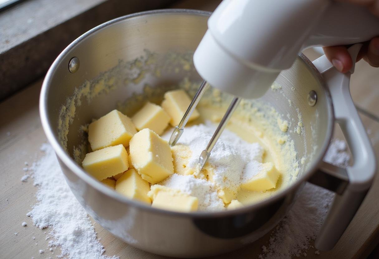 Mixing softened butter and sugar for white chocolate raspberry cookies in a cozy kitchen.