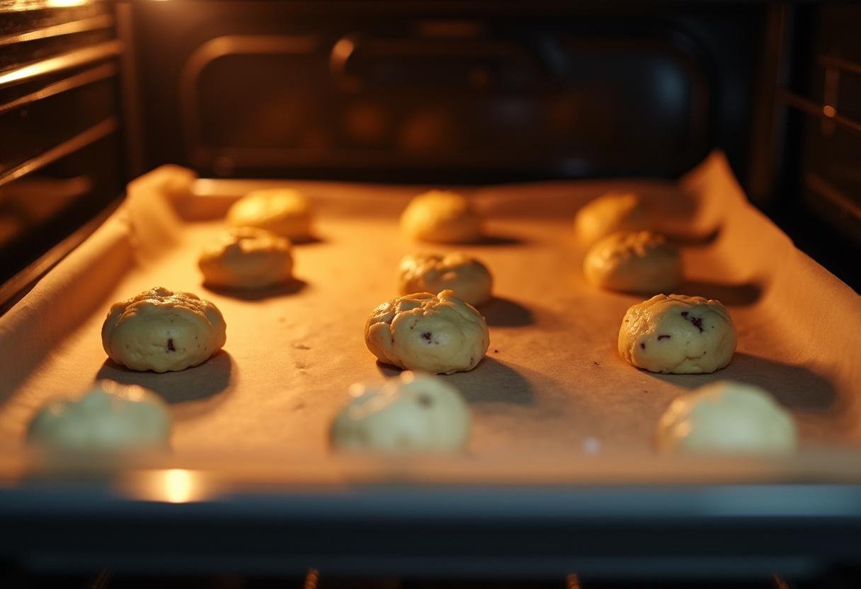 Baking tray with cookie dough for white chocolate raspberry cookies ready to be baked in a warm kitchen.
