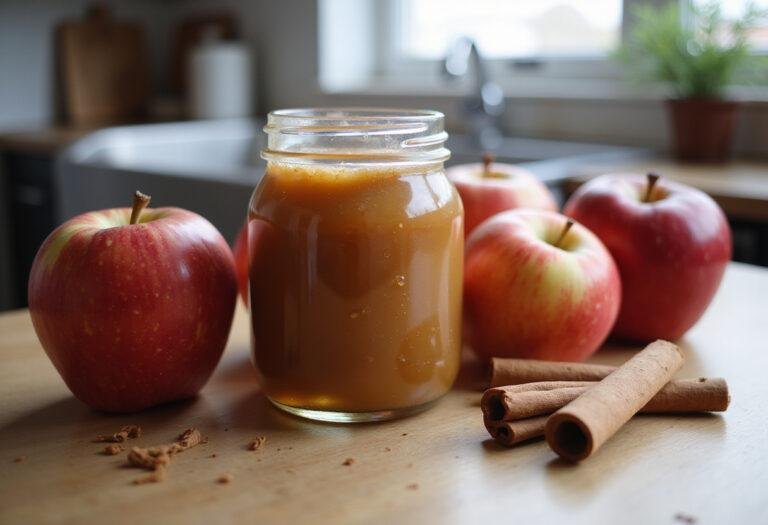 Realistic display of homemade apple butter jar next to fresh apples and cinnamon, illustrating the final result of the apple butter recipe beautifully.