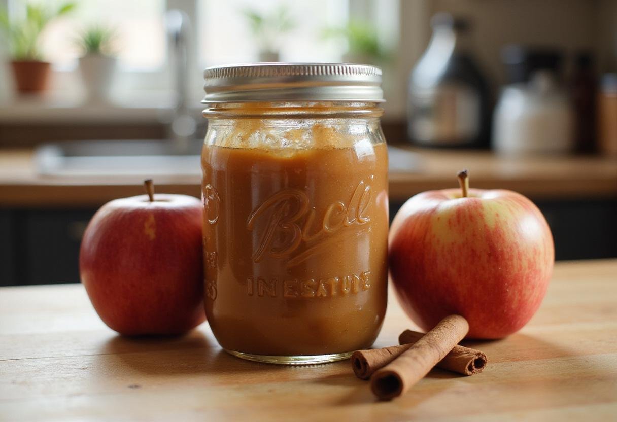 Realistic display of homemade apple butter jar next to fresh apples and cinnamon, illustrating the final result of the apple butter recipe beautifully.