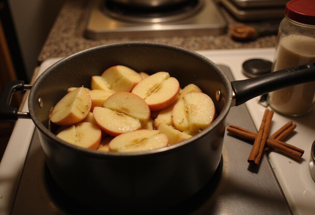 Homemade apple butter recipe showing sliced apples in a pot with cinnamon and sugar, illustrating how to make apple butter effectively.