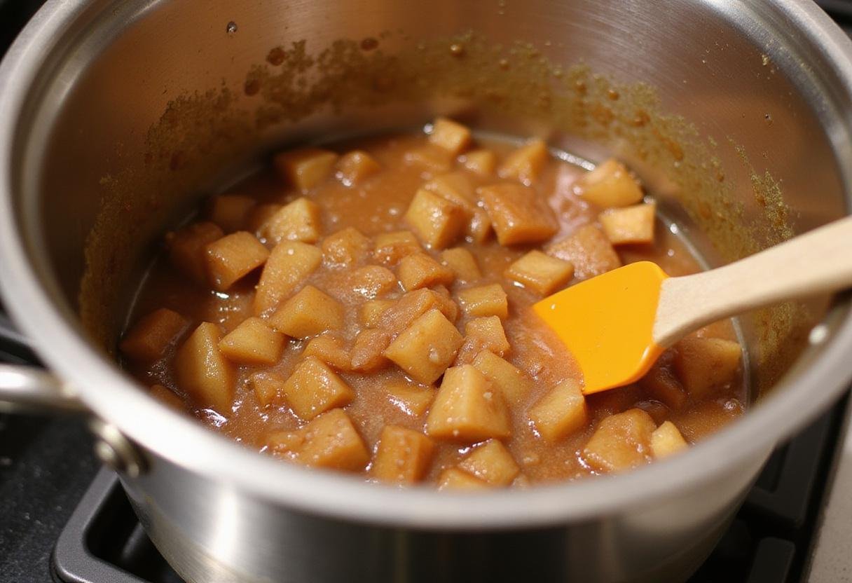 Video of cooking apple butter with a thick, rich apple mixture in a pot, demonstrating the progression of the apple butter recipe.
