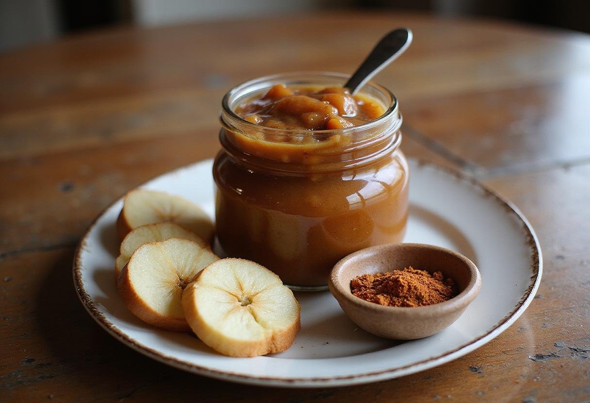 Finished homemade apple butter in a jar with bread slices, showcasing the delicious result of the apple butter recipe.