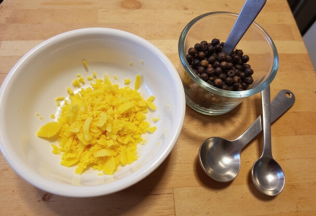 Ingredients for homemade lemon pepper seasoning: fresh lemon zest, black peppercorns, best lemon pepper seasoning preparation.