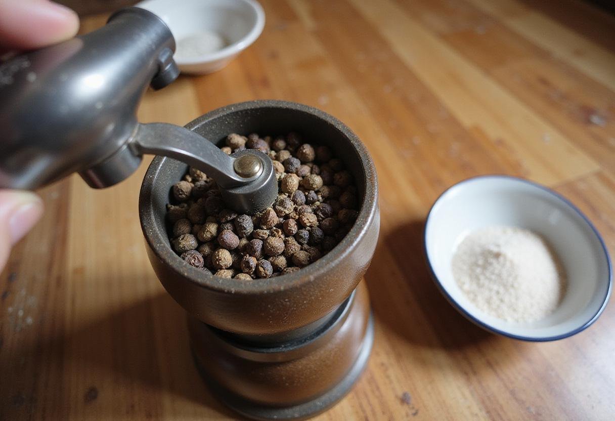 Grinding black peppercorns for homemade lemon pepper seasoning, perfect blend for best lemon pepper flavor.