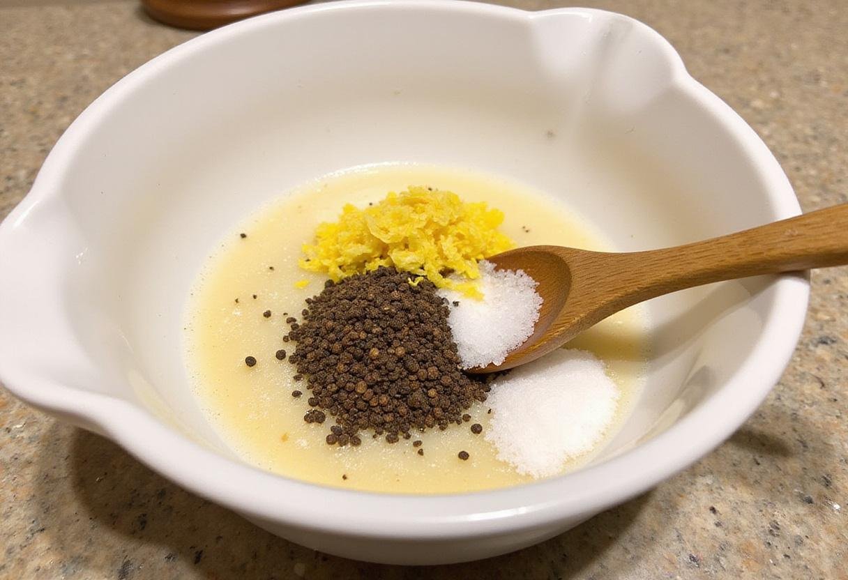 Mixing the ingredients for lemon pepper seasoning, creating the ultimate homemade lemon pepper magic.