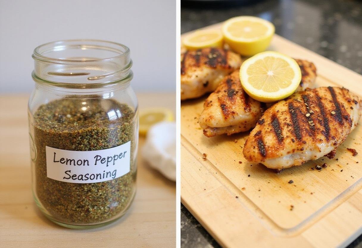 Storing homemade lemon pepper seasoning in a jar, ideal for seasoning meats and vegetables.