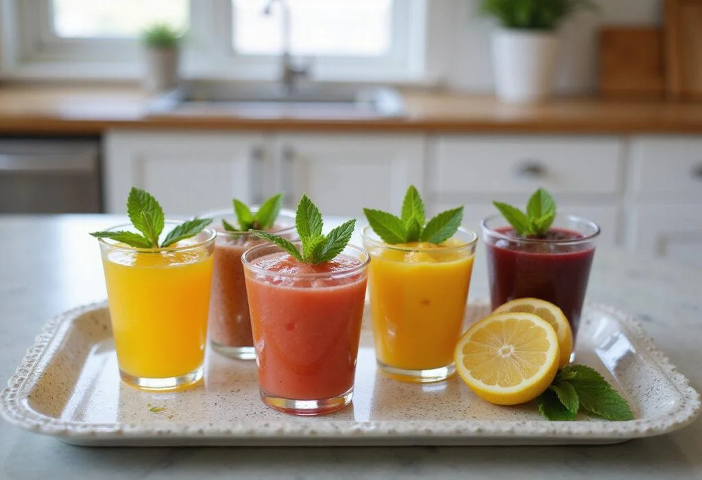 Invigorating wellness shot recipes beautifully arranged on a tray with garnishes, ideal for health enthusiasts.