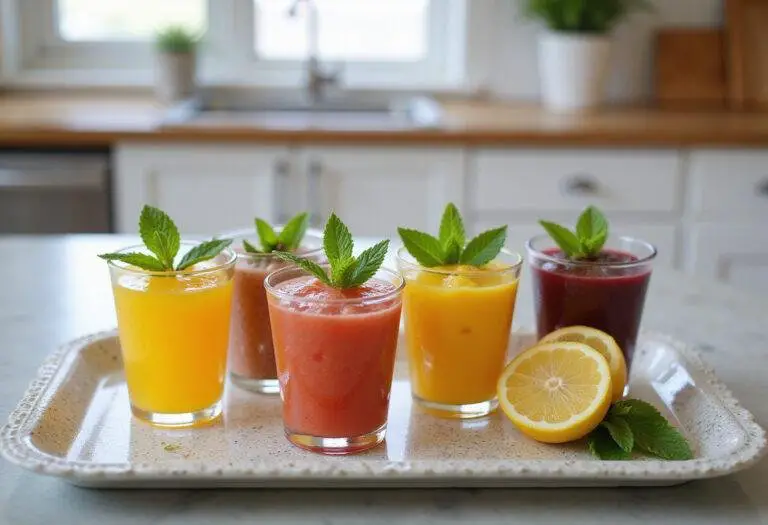 Invigorating wellness shot recipes beautifully arranged on a tray with garnishes, ideal for health enthusiasts.