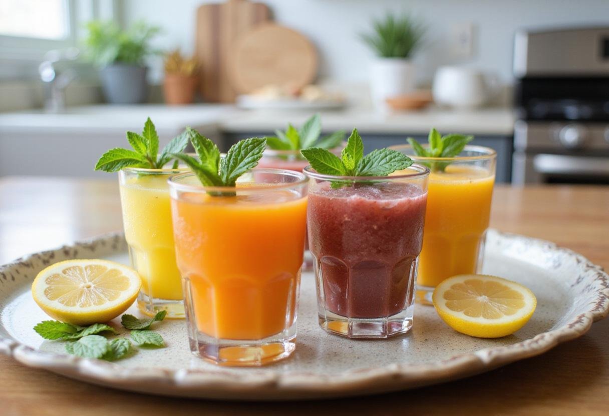 Invigorating wellness shot recipes beautifully arranged on a tray with garnishes, ideal for health enthusiasts.
