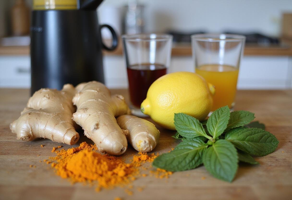 Fresh ingredients for wellness shot recipes including ginger, lemon, turmeric, and mint on a kitchen countertop.