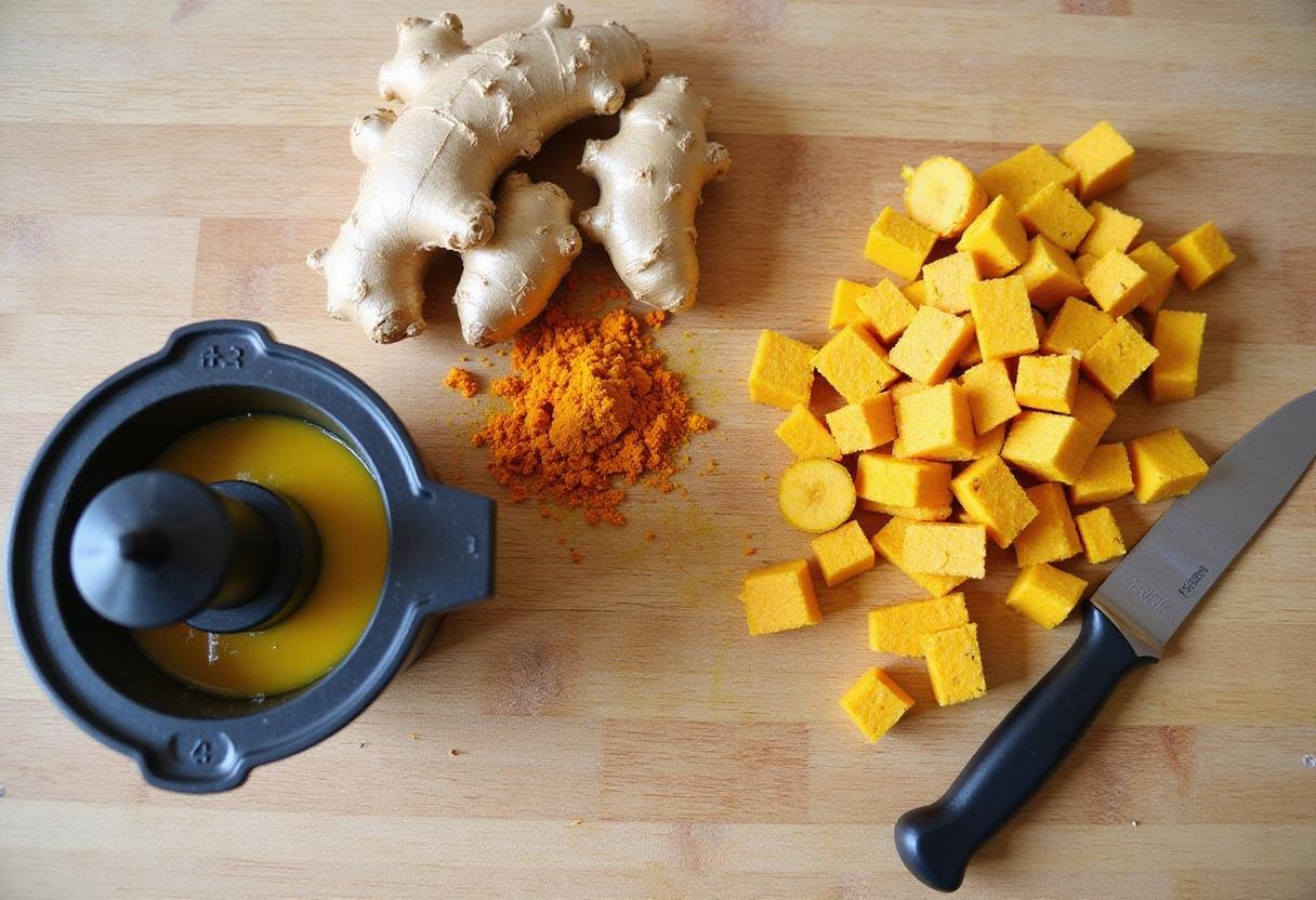 Preparing fresh ginger and turmeric for wellness shot recipes with a juicer and cutting board.