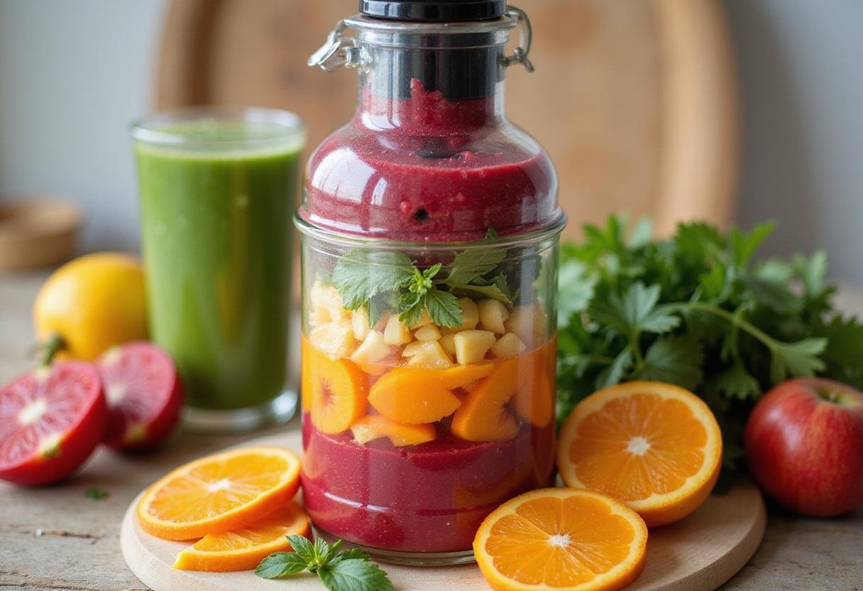 Freshly squeezed juice from wellness shots ingredients in a juicer, ready to be served.