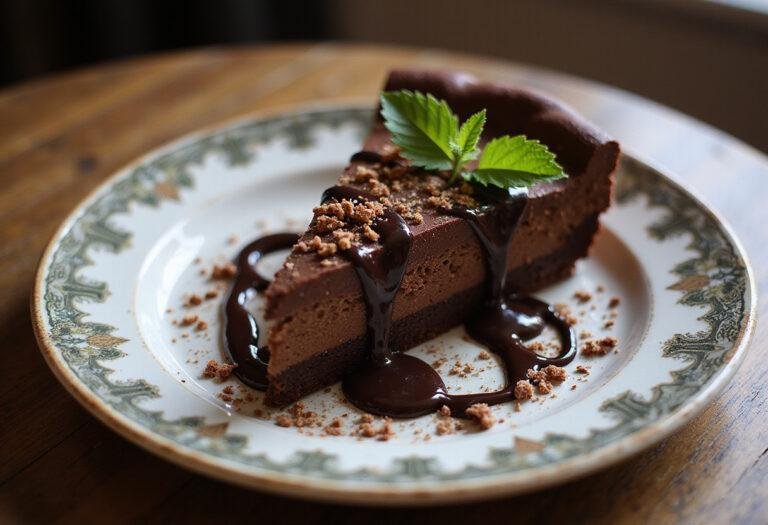 A luxurious slice of Jack Daniel's Chocolate Indulgence served with chocolate ganache and mint garnish, a perfect dessert showcasing the rich flavors.