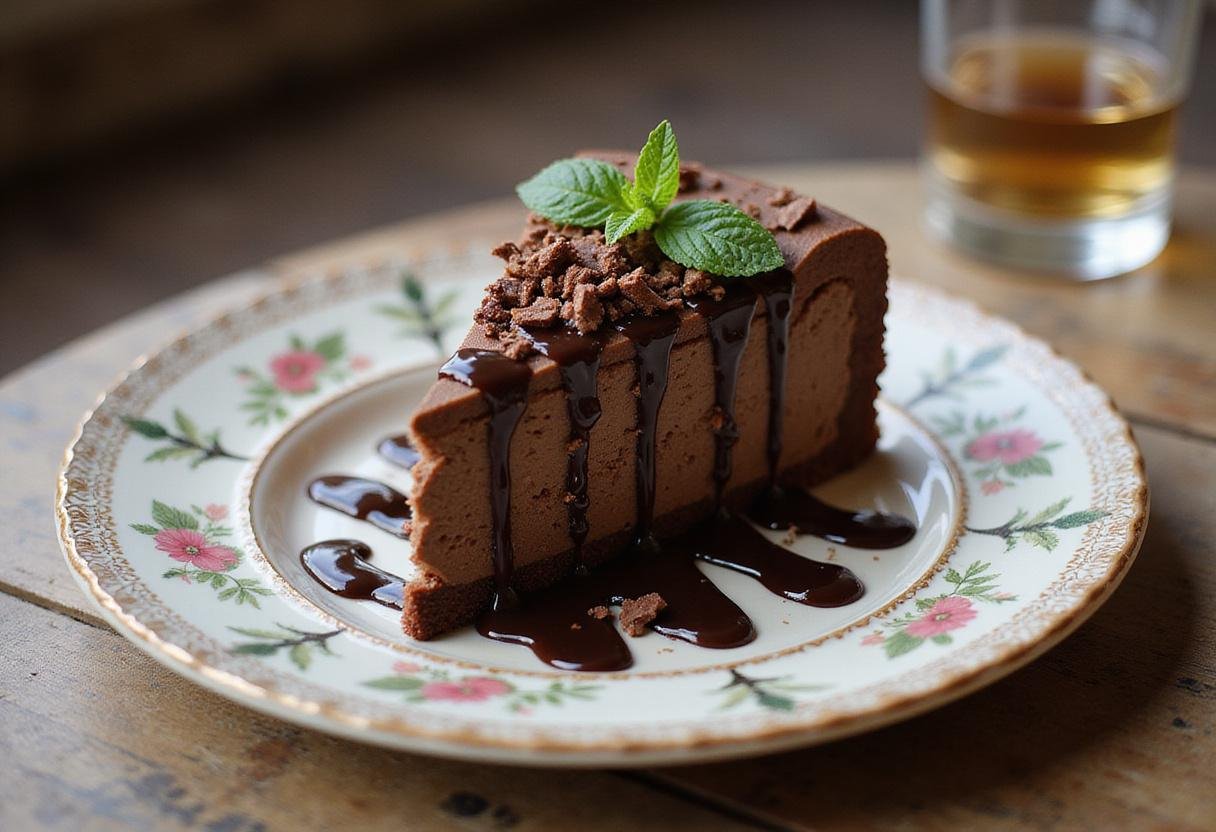 A luxurious slice of Jack Daniel's Chocolate Indulgence served with chocolate ganache and mint garnish, a perfect dessert showcasing the rich flavors.