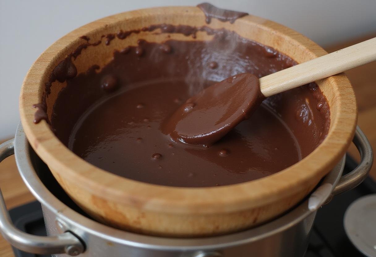 Melting rich dark chocolate for Jack Daniel's Chocolate Indulgence recipe, creating a delectable chocolate base.