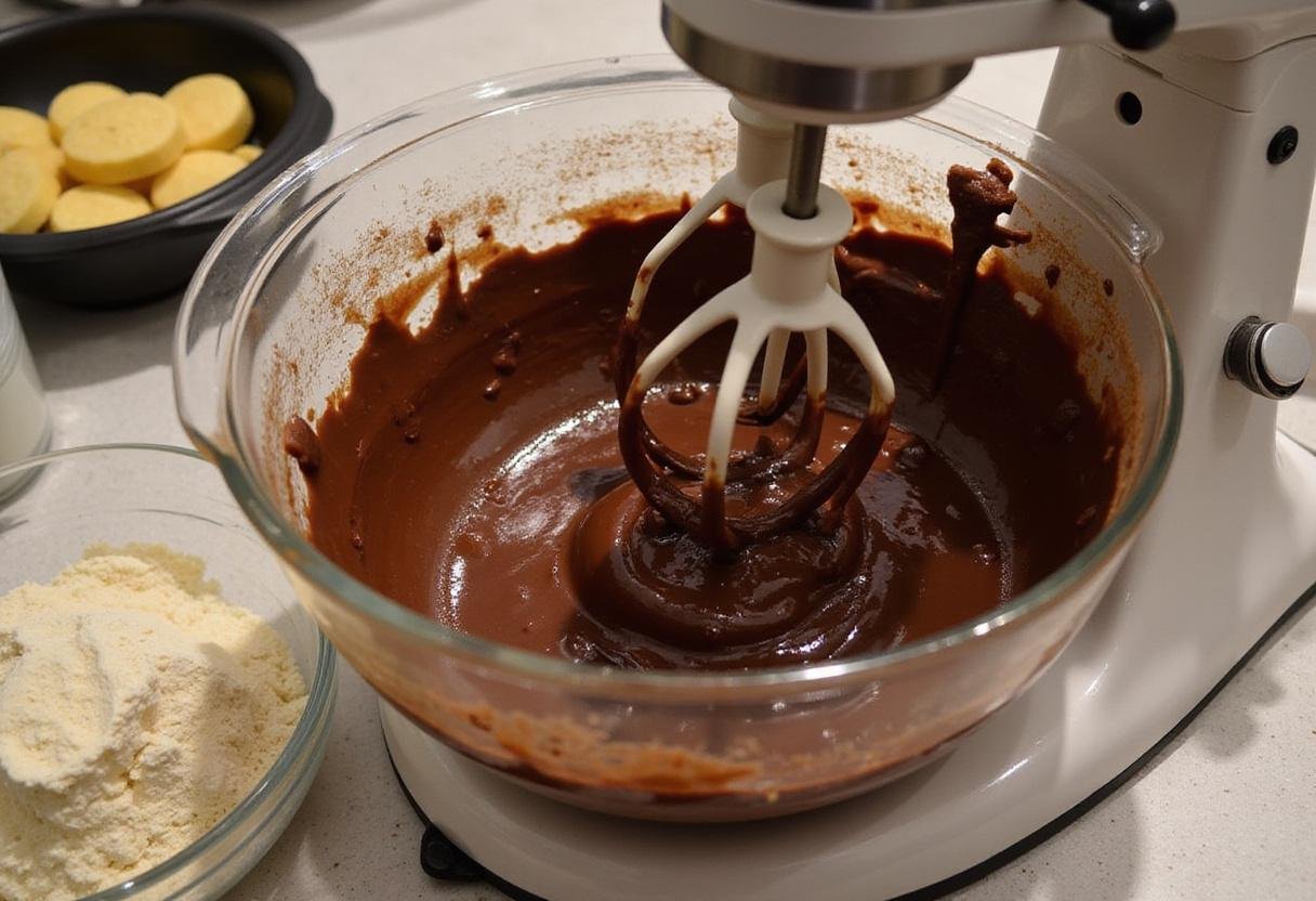 Mixing chocolate and Jack Daniel's whiskey to create a velvety batter for the indulgent dessert, enhancing the flavors of the Jack Daniel's Chocolate Indulgence.