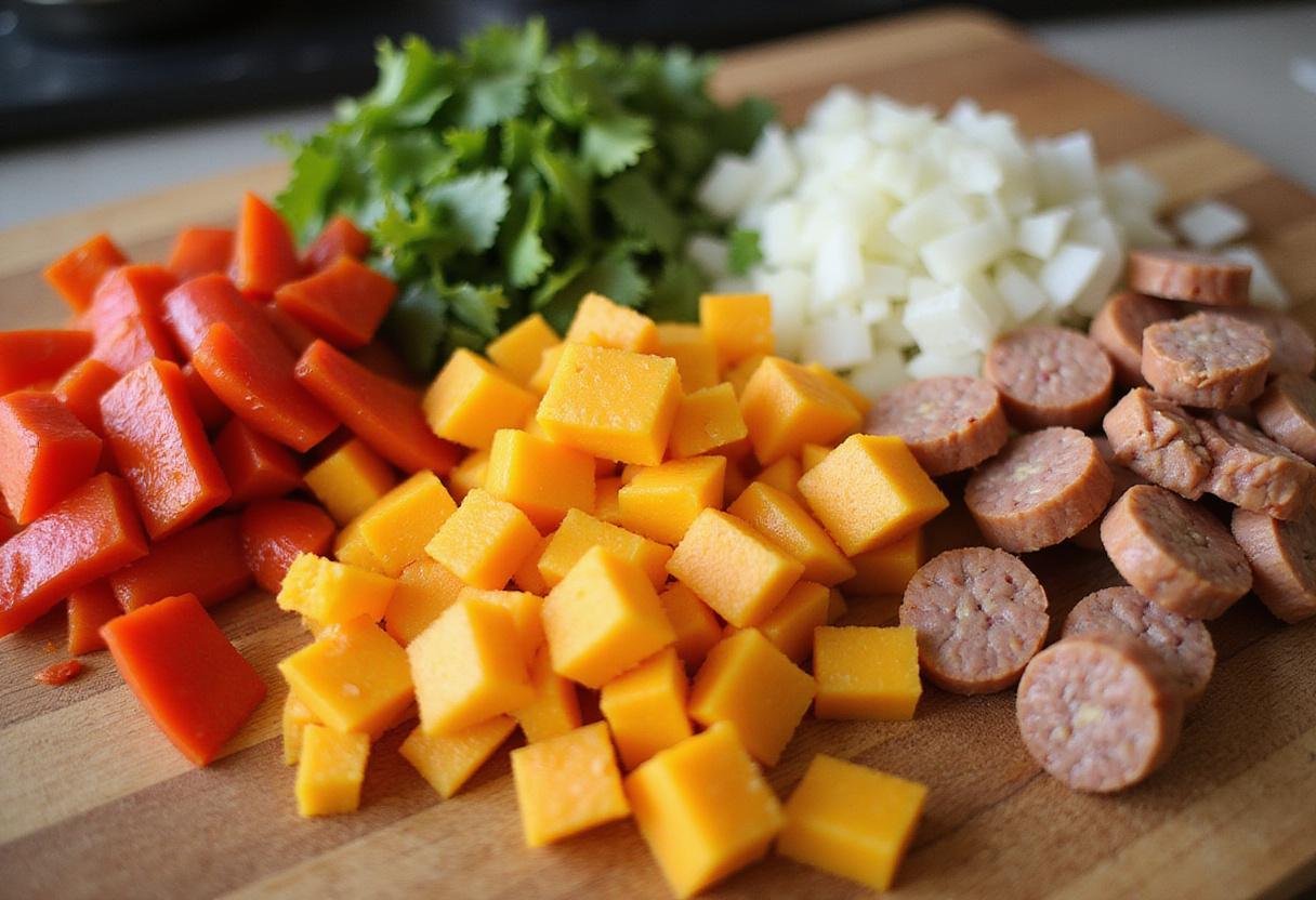 Chopped vegetables for Jennie O sausage delight recipe, preparing healthy and delicious low-calorie ingredients.