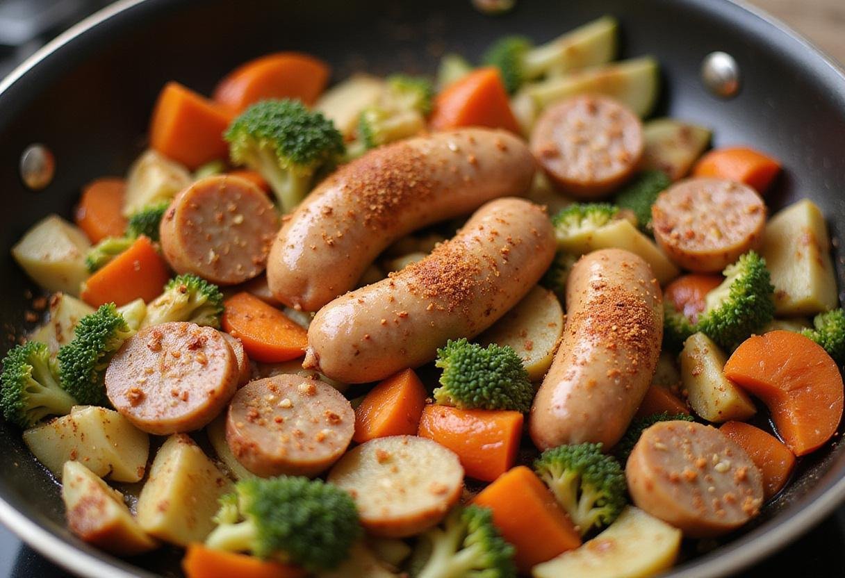 Mixing Jennie O turkey sausage with vegetables in a skillet, a savory dish enhancing flavor while keeping calories low.