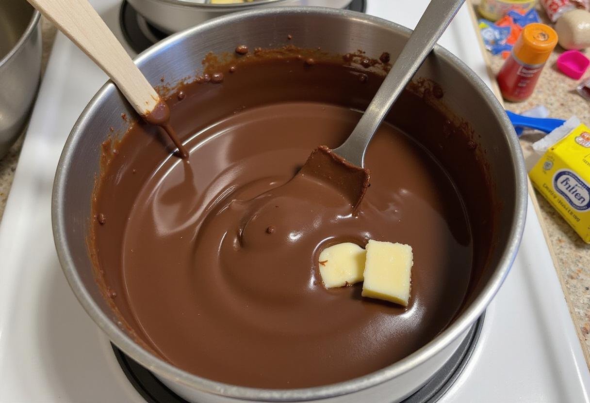 Mixing melted chocolate and butter to create a rich batter for lactation brownies.