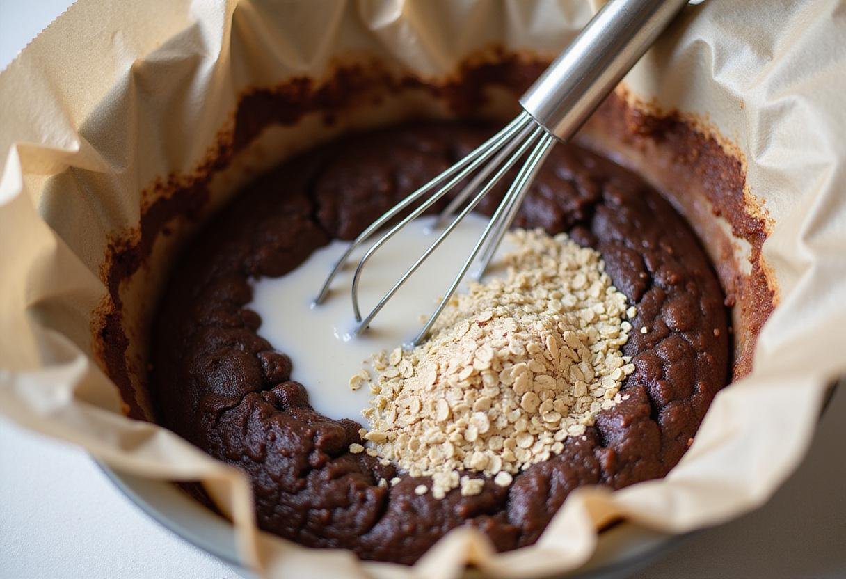 Incorporating oats and milk into the brownie batter for nourishing lactation brownies.