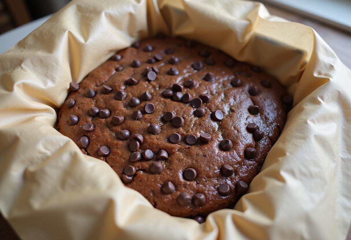 Preparing the brownie mixture in a baking dish for delicious lactation brownies, topped with chocolate chips.