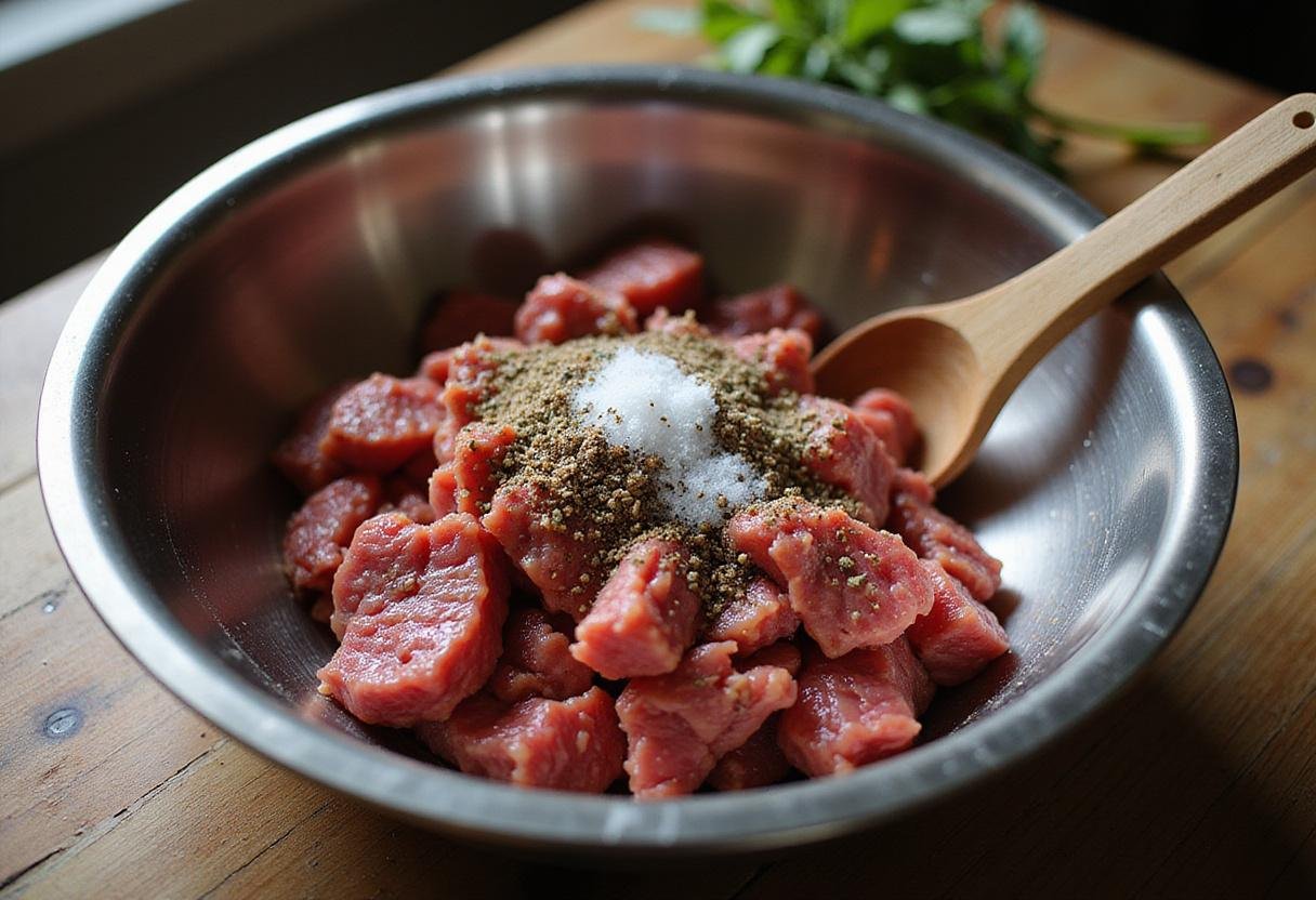 Seasoning fresh lean ground beef chuck on a rustic kitchen countertop for flavorful dishes.