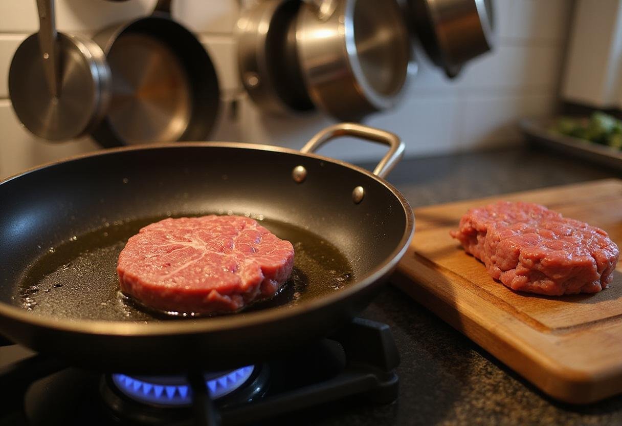 Cooking lean ground beef chuck in a skillet on the stovetop for delicious recipes in a cozy kitchen.