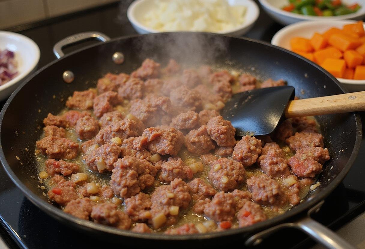 Sizzling lean ground beef chuck in a skillet with colorful vegetables ready to enhance the flavor.