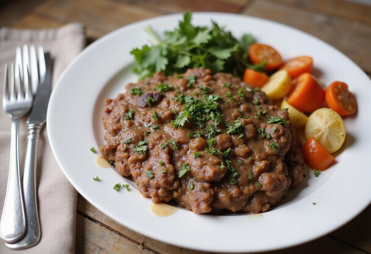 Plated lean ground beef chuck with sautéed vegetables, garnished beautifully for a delightful meal presentation.