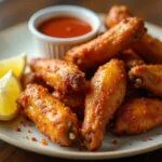 Delicious lemon pepper hot wings with lemon wedges and dipping sauce, ideal for a game night treat.