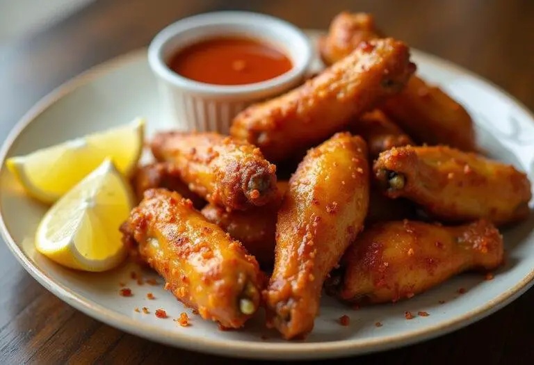 Delicious lemon pepper hot wings with lemon wedges and dipping sauce, ideal for a game night treat.