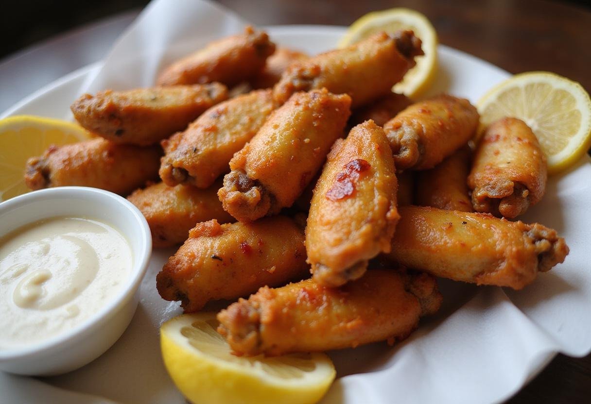 Delicious lemon pepper hot wings with lemon wedges and dipping sauce, ideal for a game night treat.