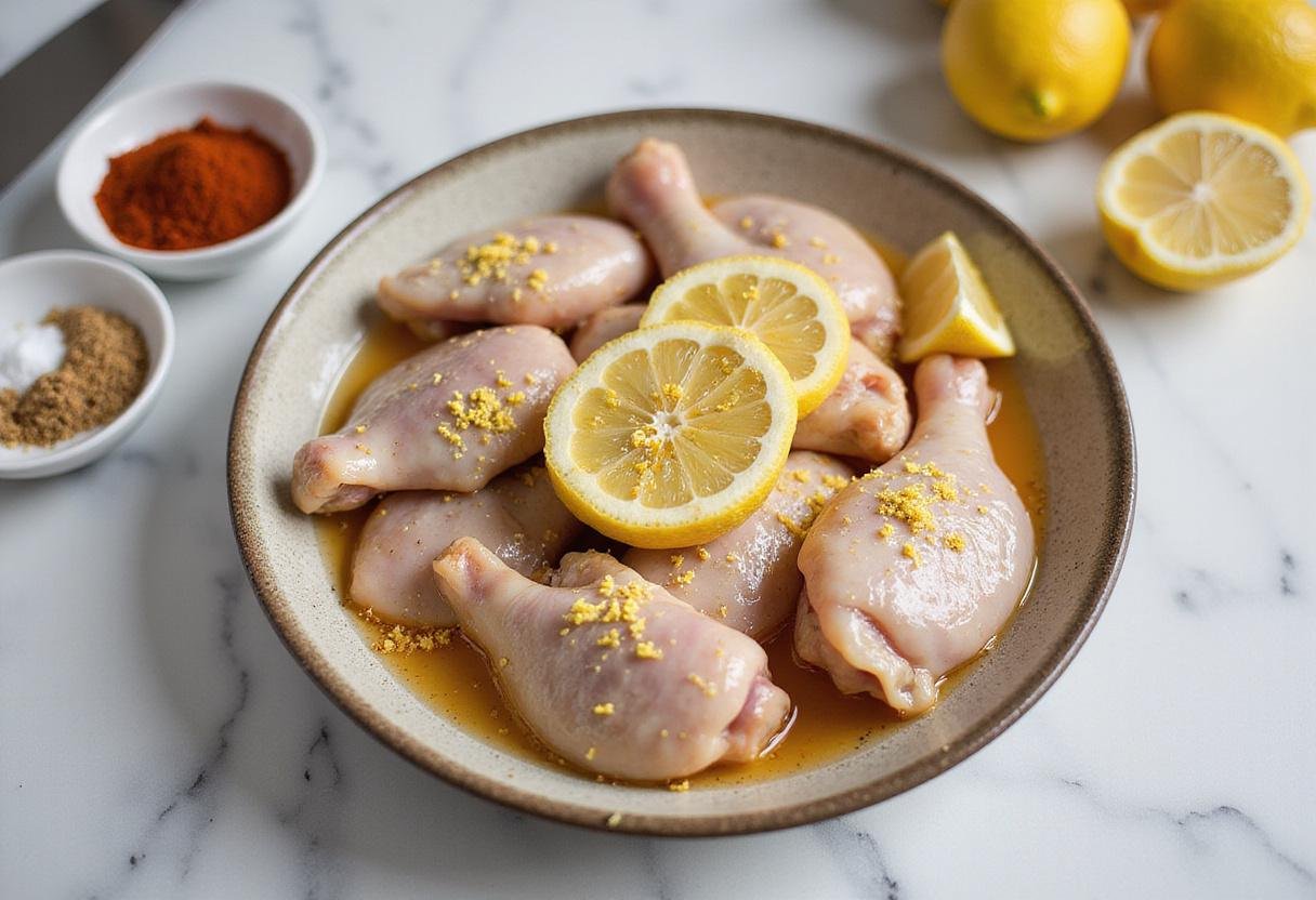 Marinating chicken wings in lemon juice and spices for making buffalo wings lemon pepper.