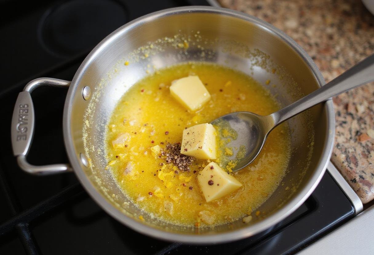 Simmering lemon pepper sauce for coating lemon pepper hot wings in a bubbling saucepan.
