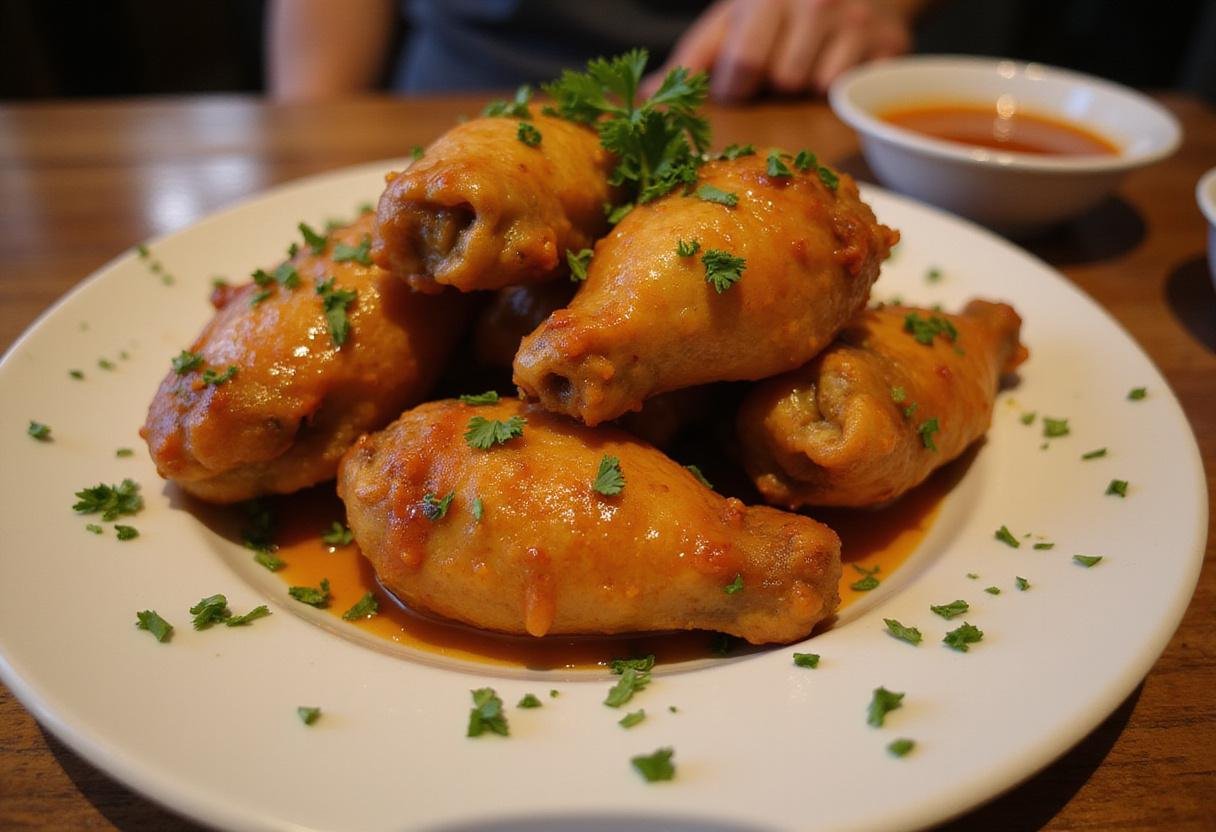 Serving crispy lemon pepper hot wings garnished with parsley, perfect for a party or gathering.