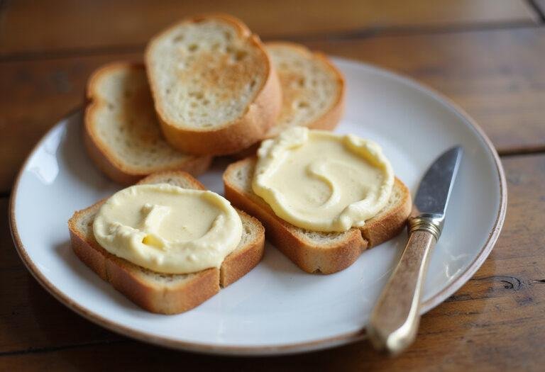 Delicious light butter spread served on fresh bread slices, showcasing a creamy texture in a rustic setting.