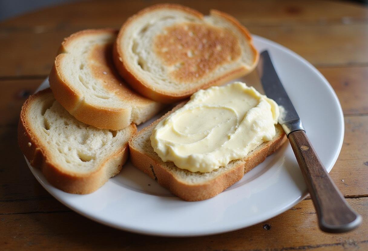 Delicious light butter spread served on fresh bread slices, showcasing a creamy texture in a rustic setting.