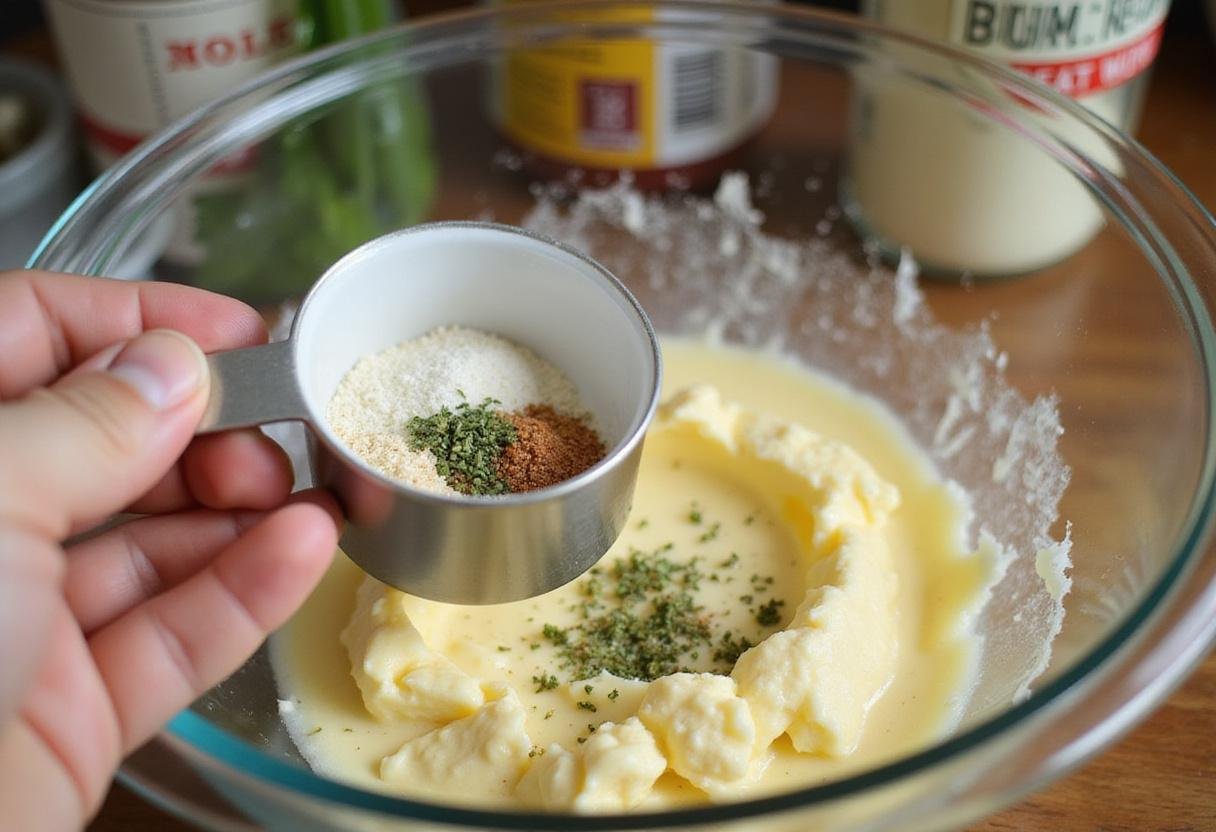 Adding fresh herbs and seasonings to a bowl of blended light butter to enhance the flavor of the spread.