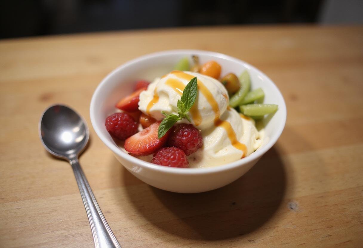 Delicious bowl of frozen yogurt topped with fresh fruits and honey, perfect for a healthy dessert with low frozen yogurt calories.