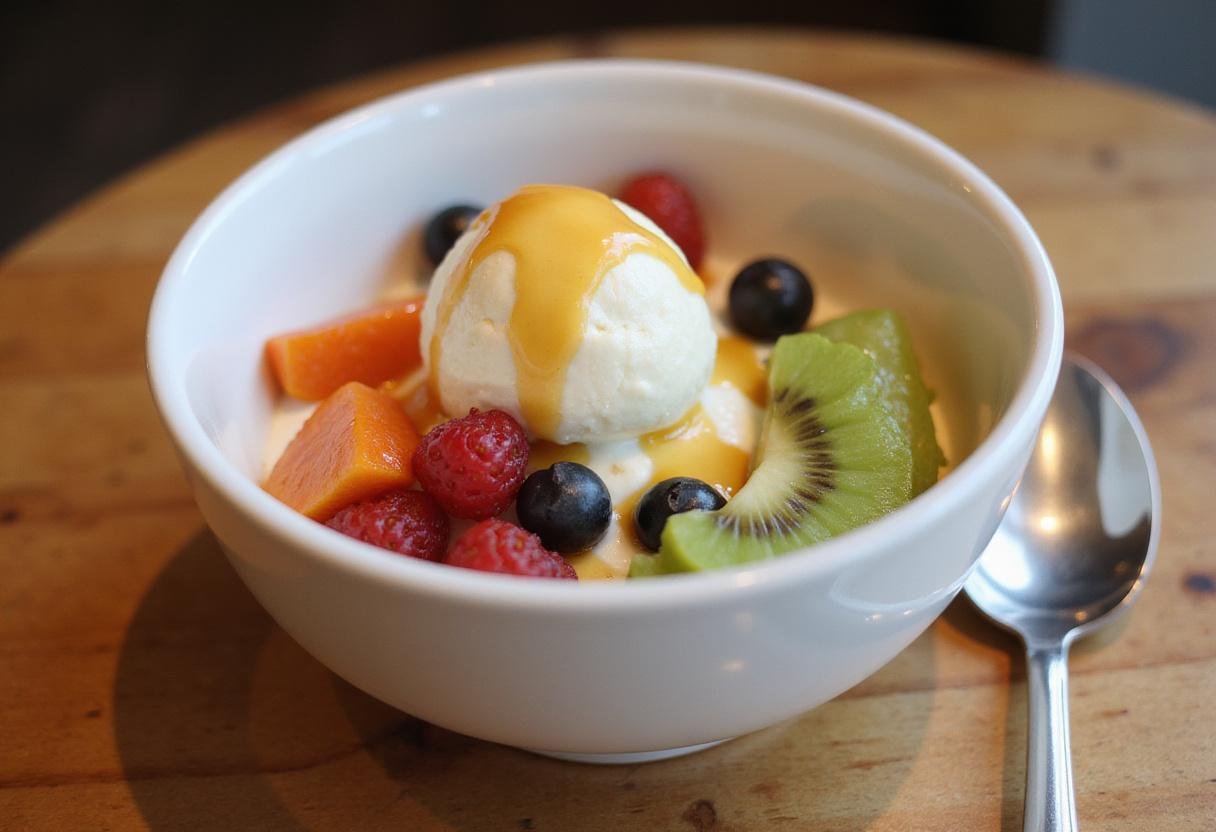Delicious bowl of frozen yogurt topped with fresh fruits and honey, perfect for a healthy dessert with low frozen yogurt calories.