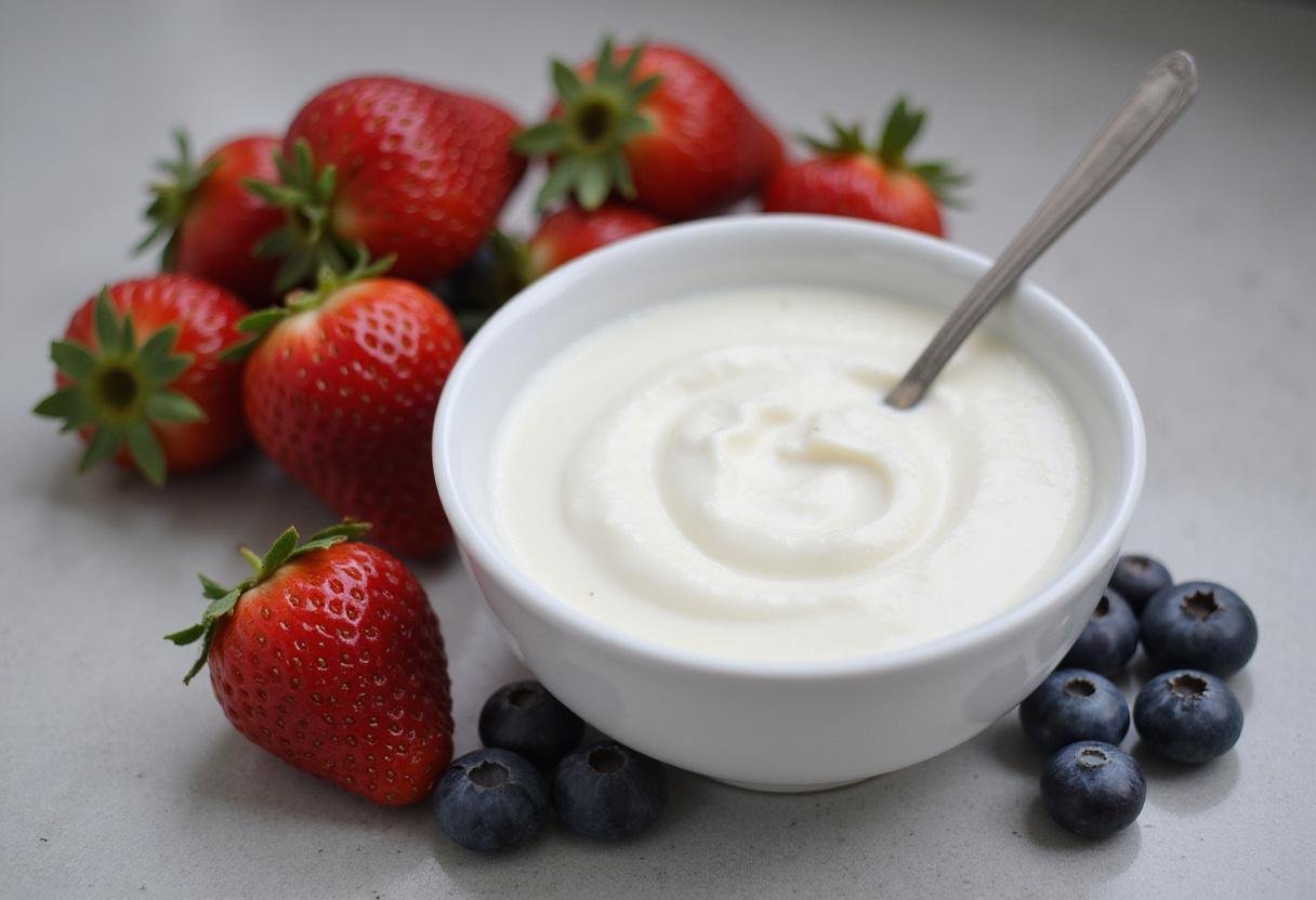 Creamy yogurt and fresh fruit ingredients for making frozen yogurt calories, featuring strawberries and blueberries.